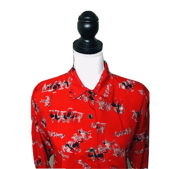 BIRCH BROS Button Down Blouse Black Red Polo Horse - Picture 5 of 13